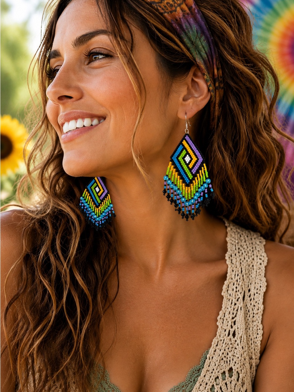 Hand Crafted Multicolor Beaded Fringe Earrings - Vibrant Blue & Yellow